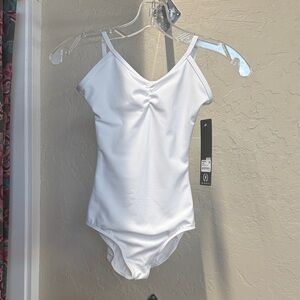 White camo leotard w/pinch front and v back